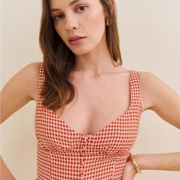 Reformation Wynn Dress size 6 Strawberry Check NWT - Picture 3 of 10